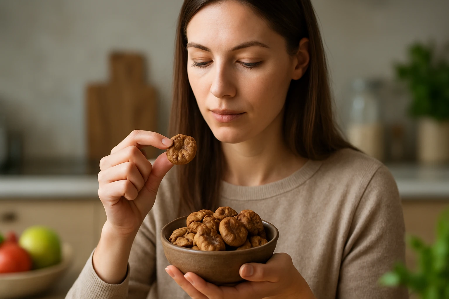 Žena s miskou sušených fíg, zdravá desiata bohatá na výživné látky.