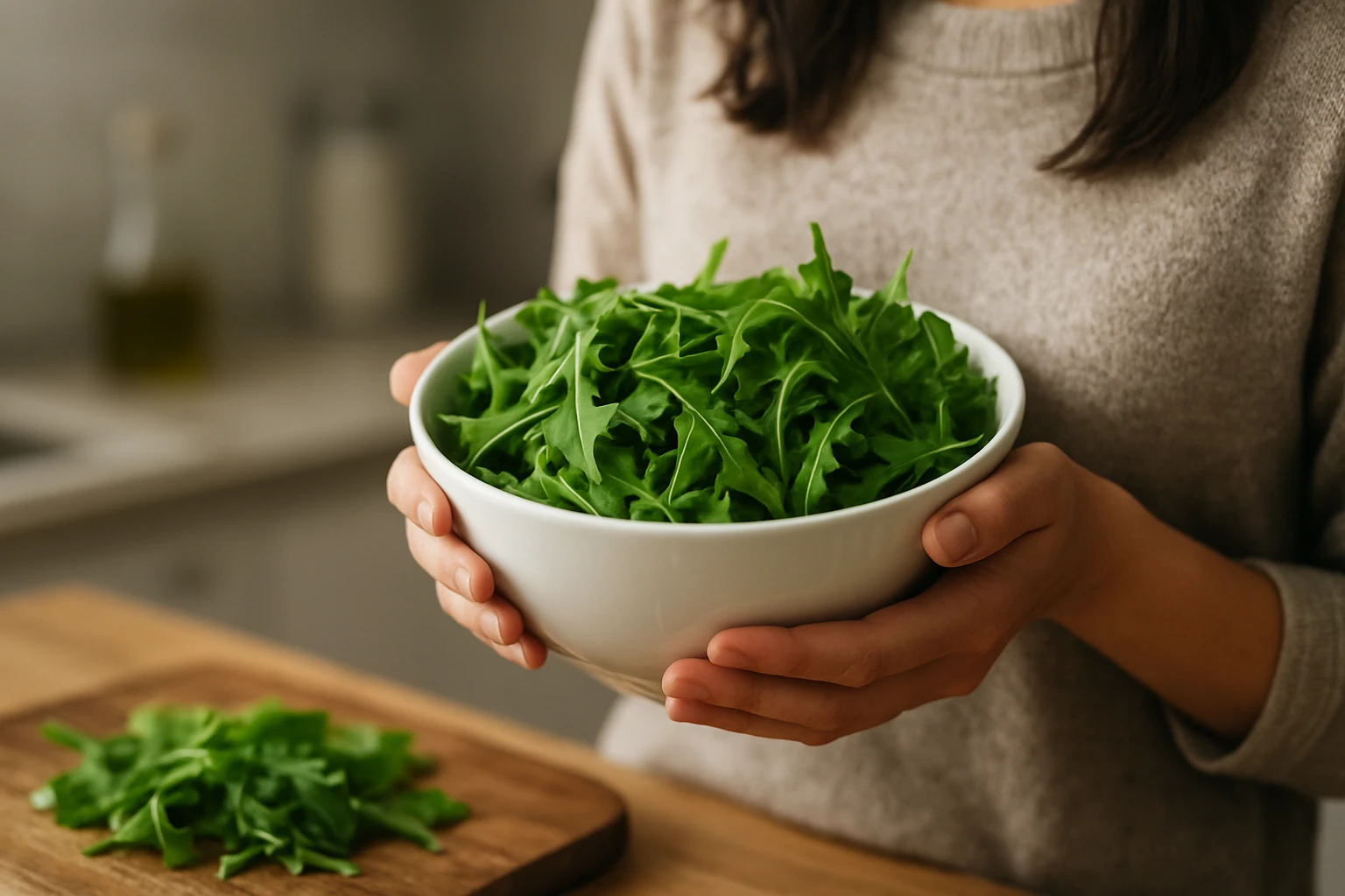 Miska rukoly plná čerstvých listov, zdravá volba pre váš jedálny lístok.
