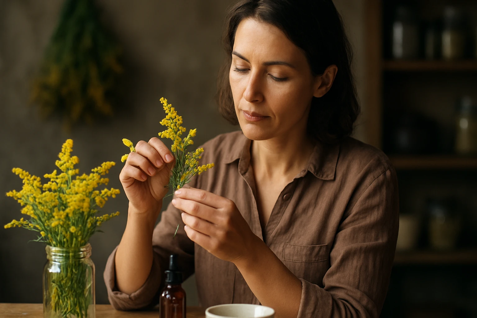 Žena skúma zlatobyľ, bylinku s blahodarnými účinkami.