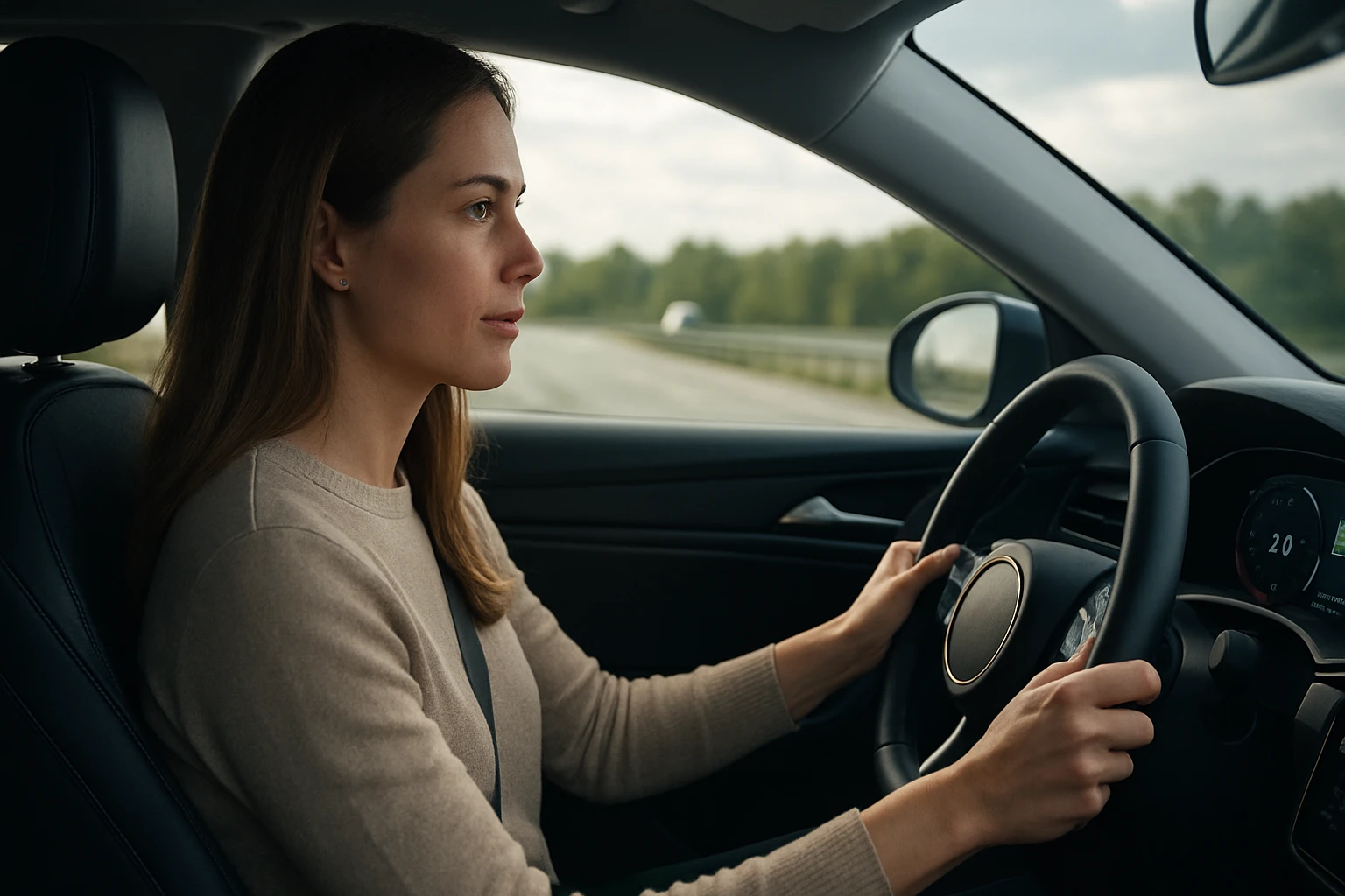 Žena šoféruje auto na ceste s adaptívnym tempomatom