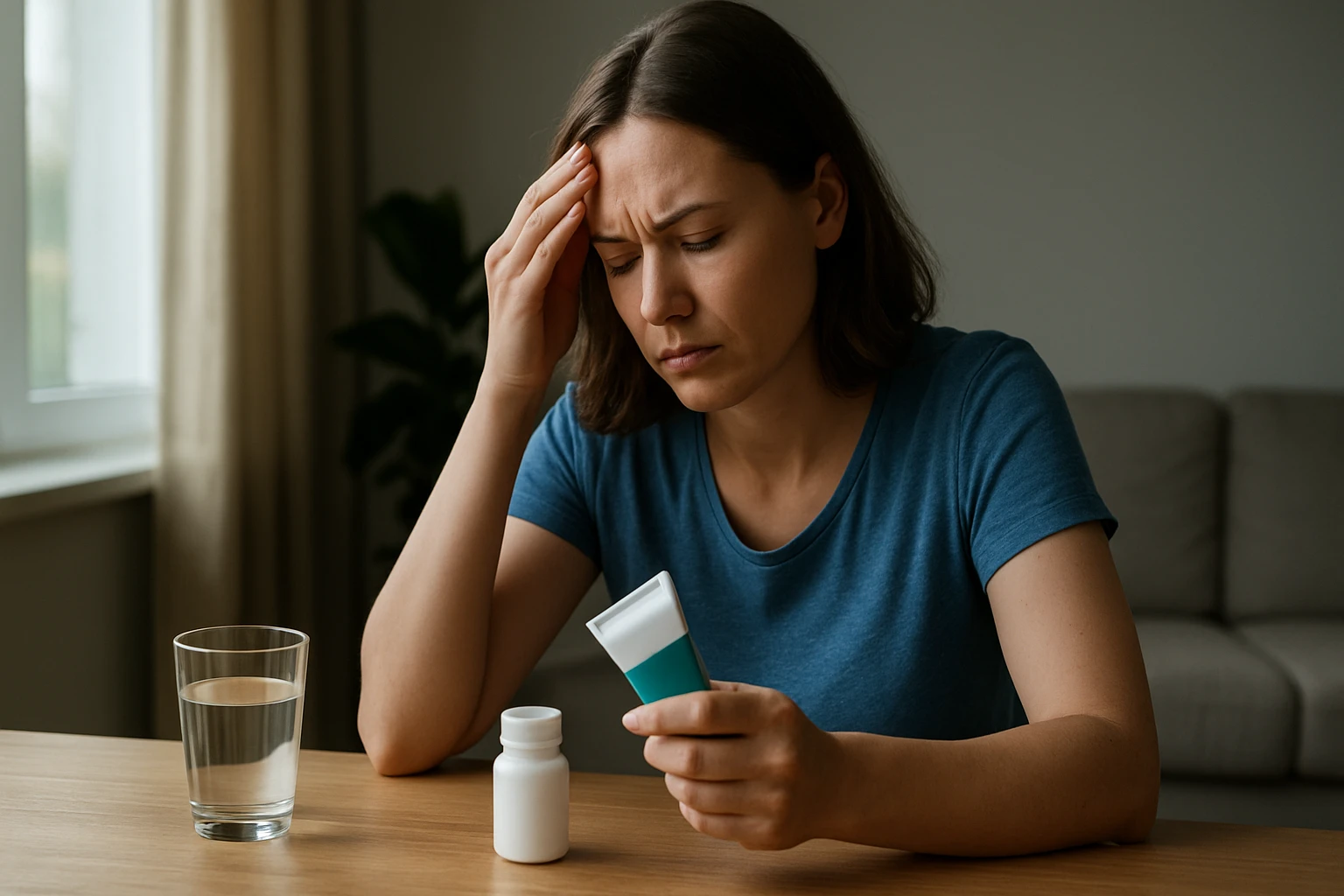 Žena s bolestivým výrazom skúma liek na stole.
