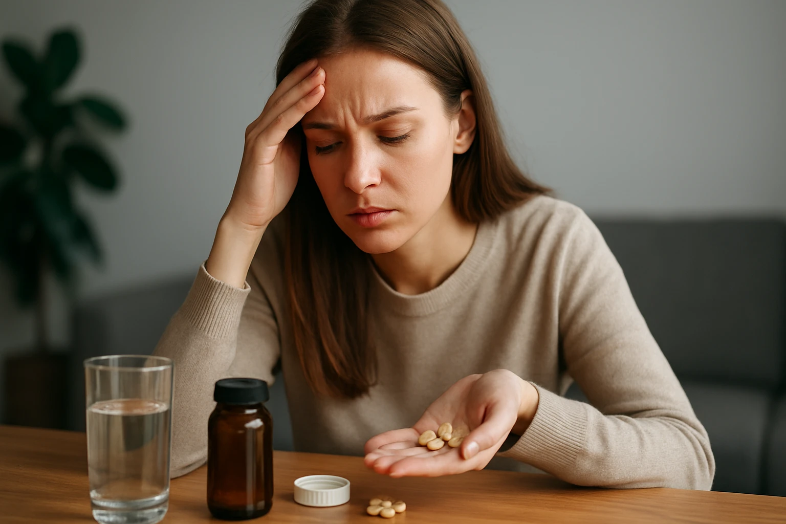 Žena s ťažkým výrazom, ktorá sa pozerá na doplnky stravy v ruke.