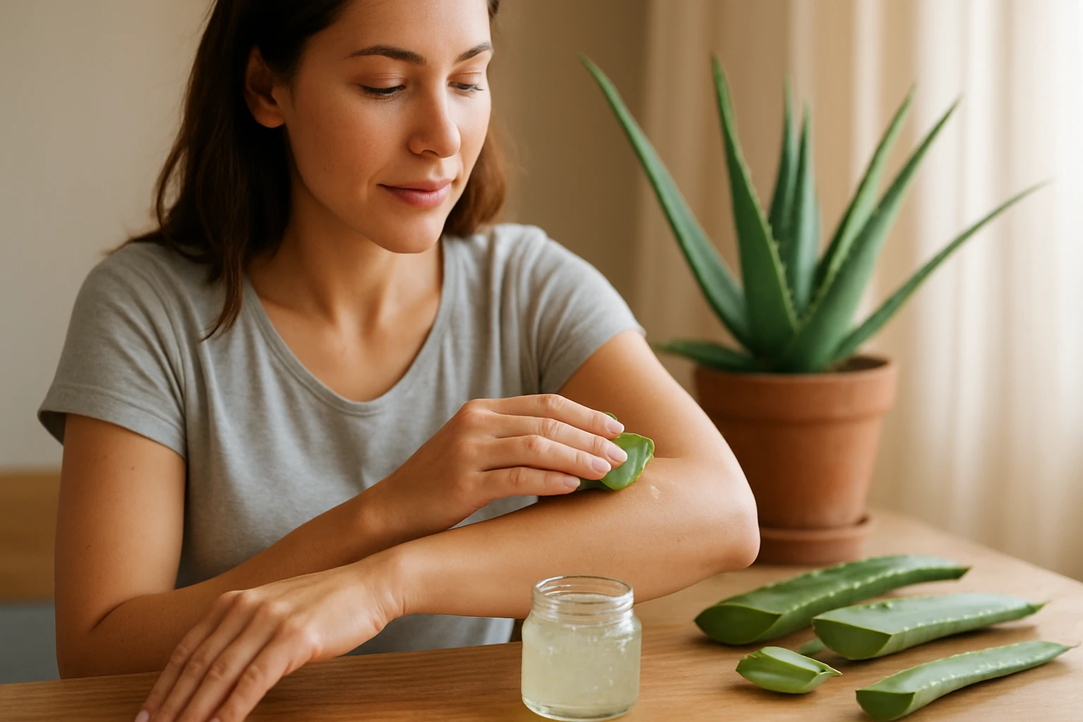 Žena nanáša aloe vera gél na zápästie, v pozadí aloe vera rastlina.