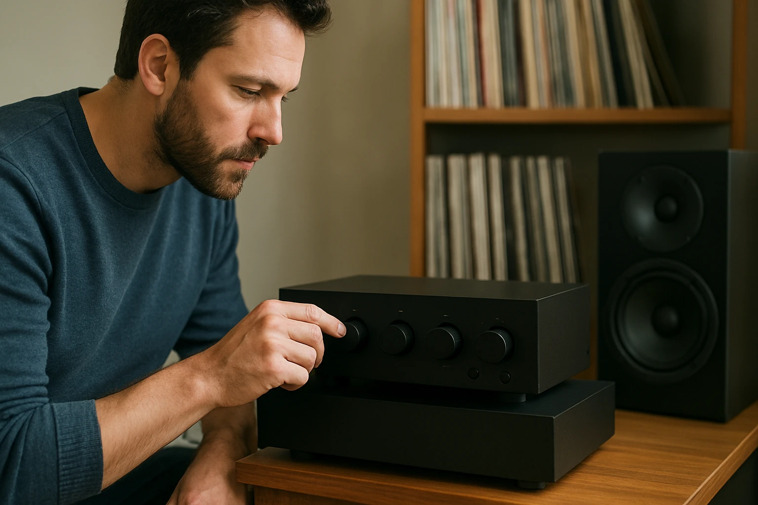 Muž nastavuje predzosilňovač na zlepšenie zvuku v audio zariadení.