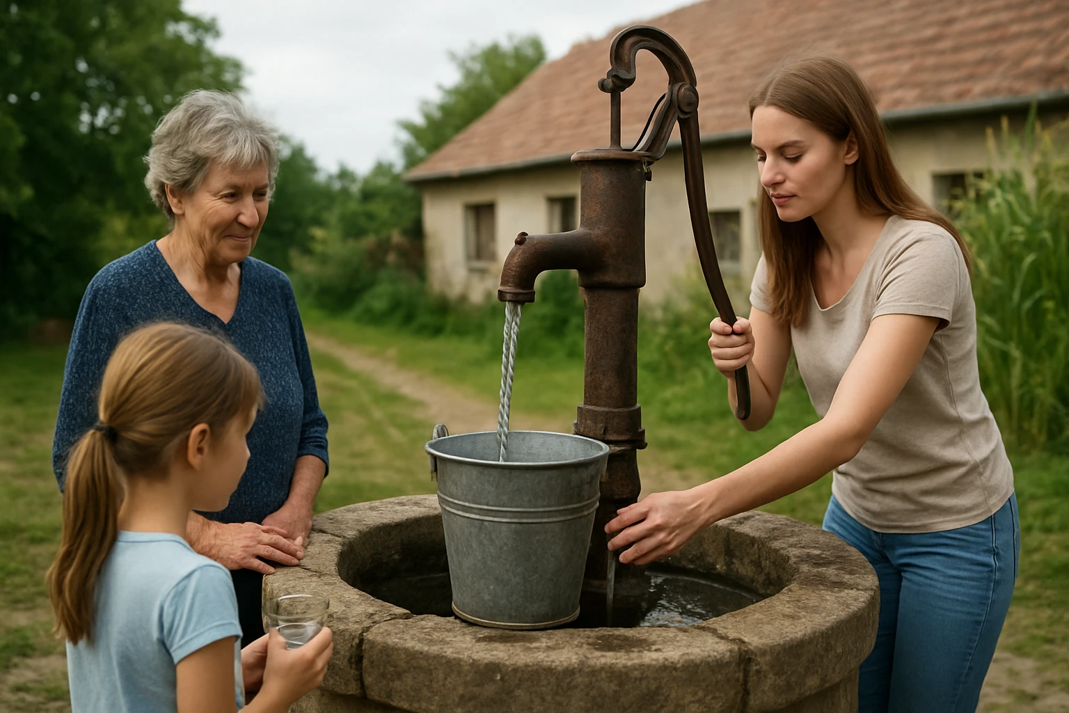 Ženy a dievča pri verejnej studni, symbol komunitného života.