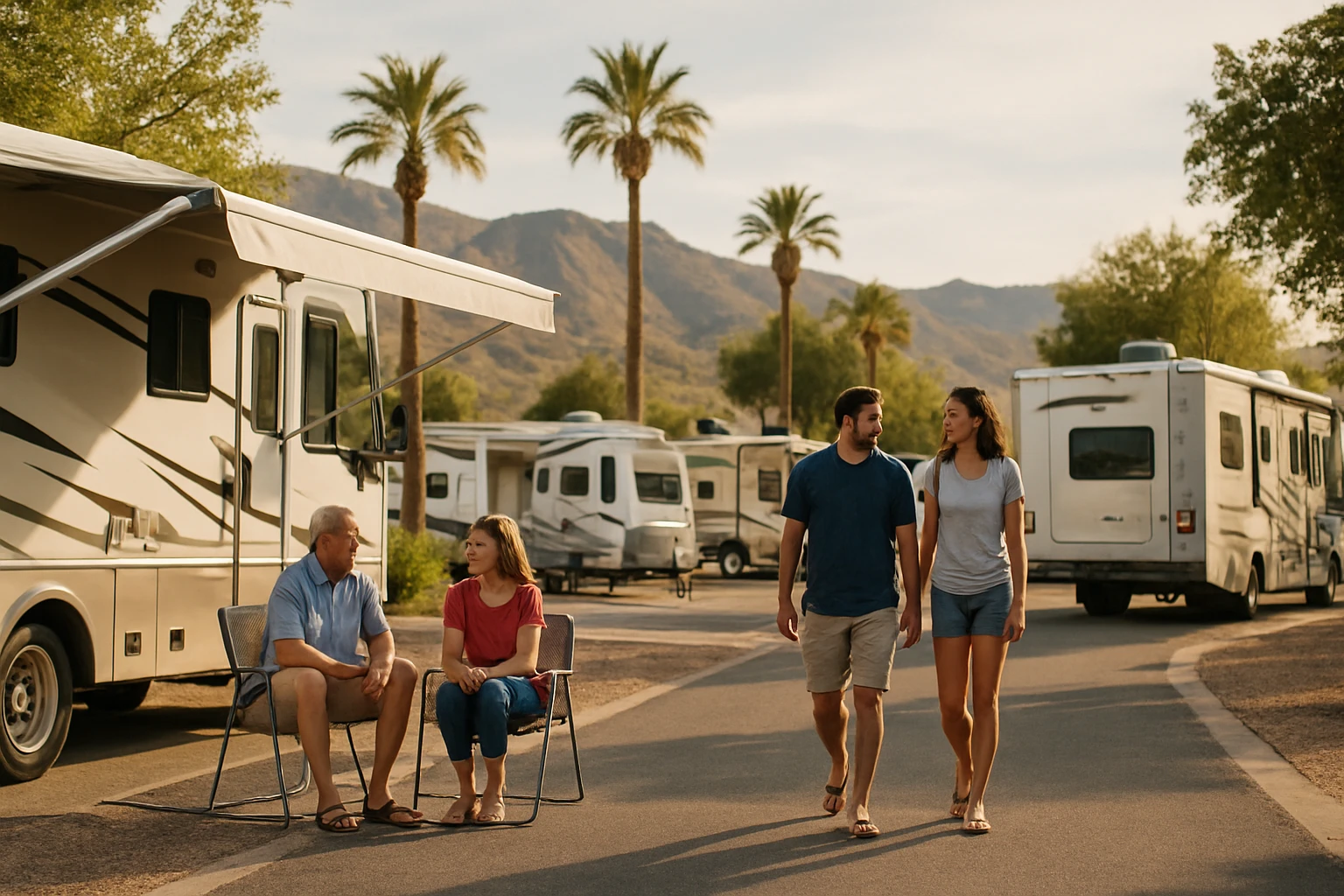 Rodiny a páry relaxujúce v americkom karavanovom parku
