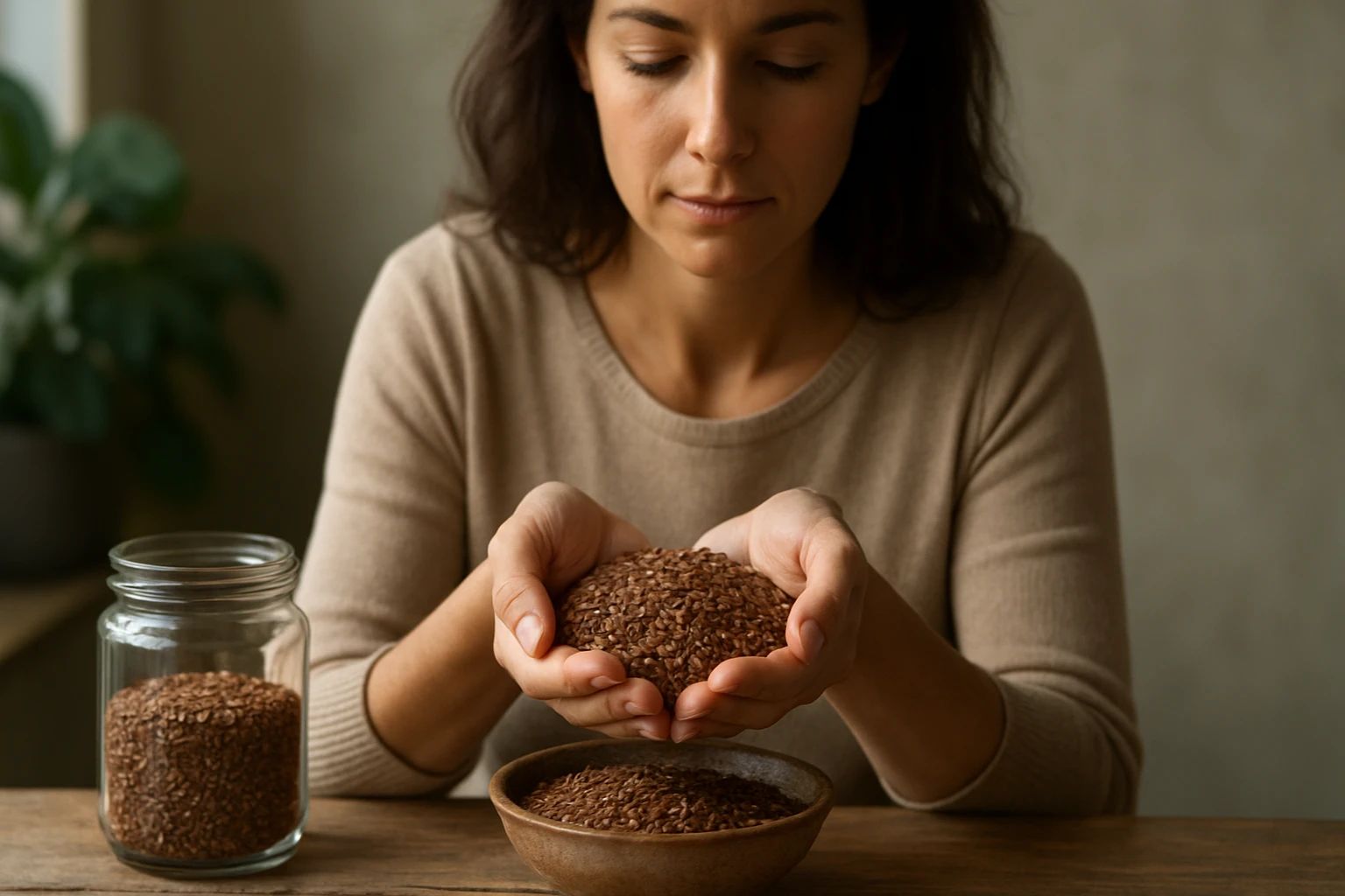 Žena s ľanovými semienkami v rukách na drevenom stole