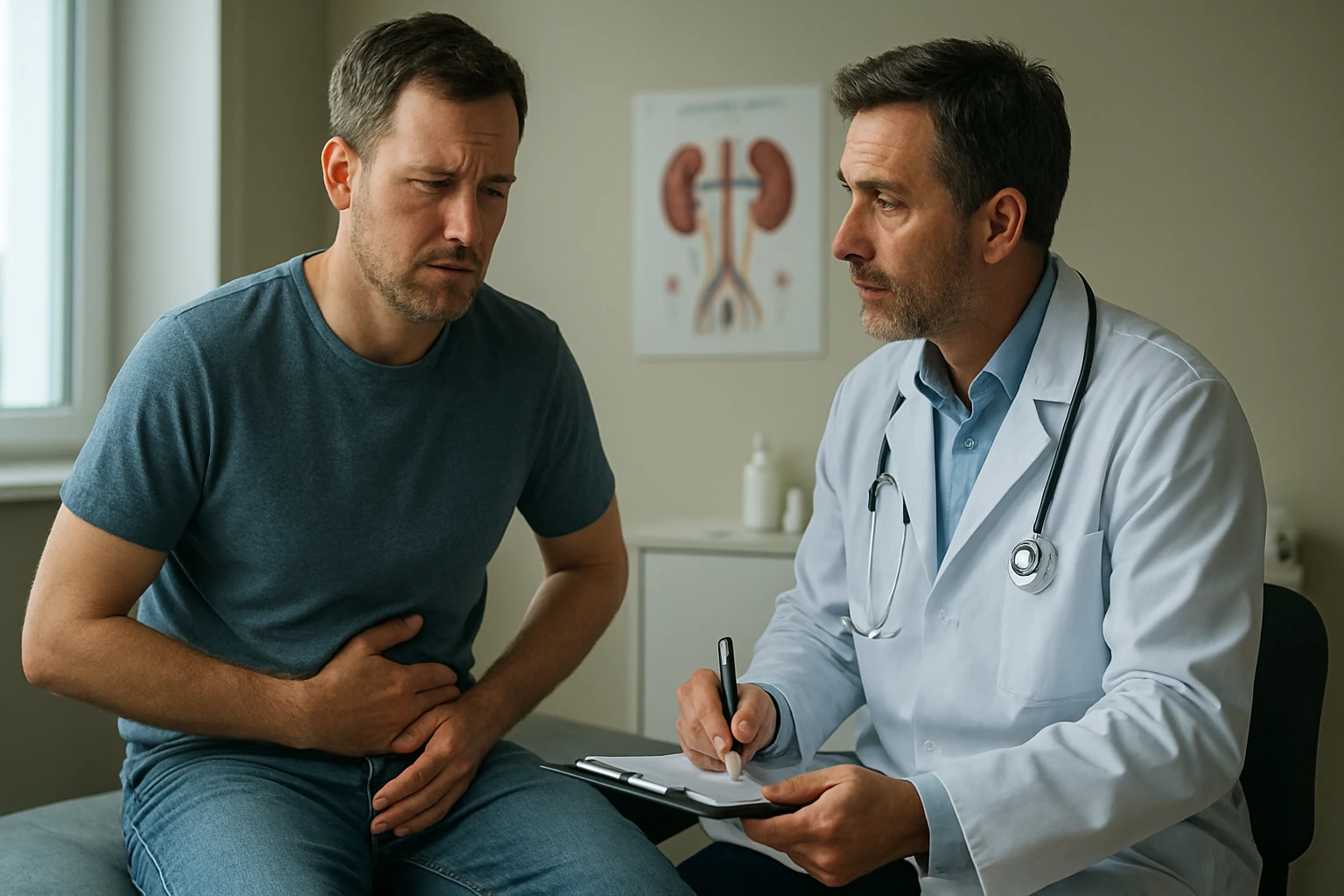 Lekár konzultuje pacienta s príznakmi zlyhania obličiek