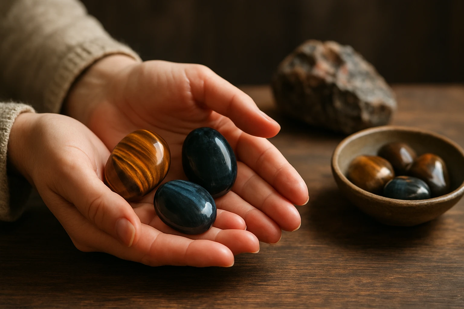 Ruky drží kameňe tigrie oko, mačacie oko a sokolie oko