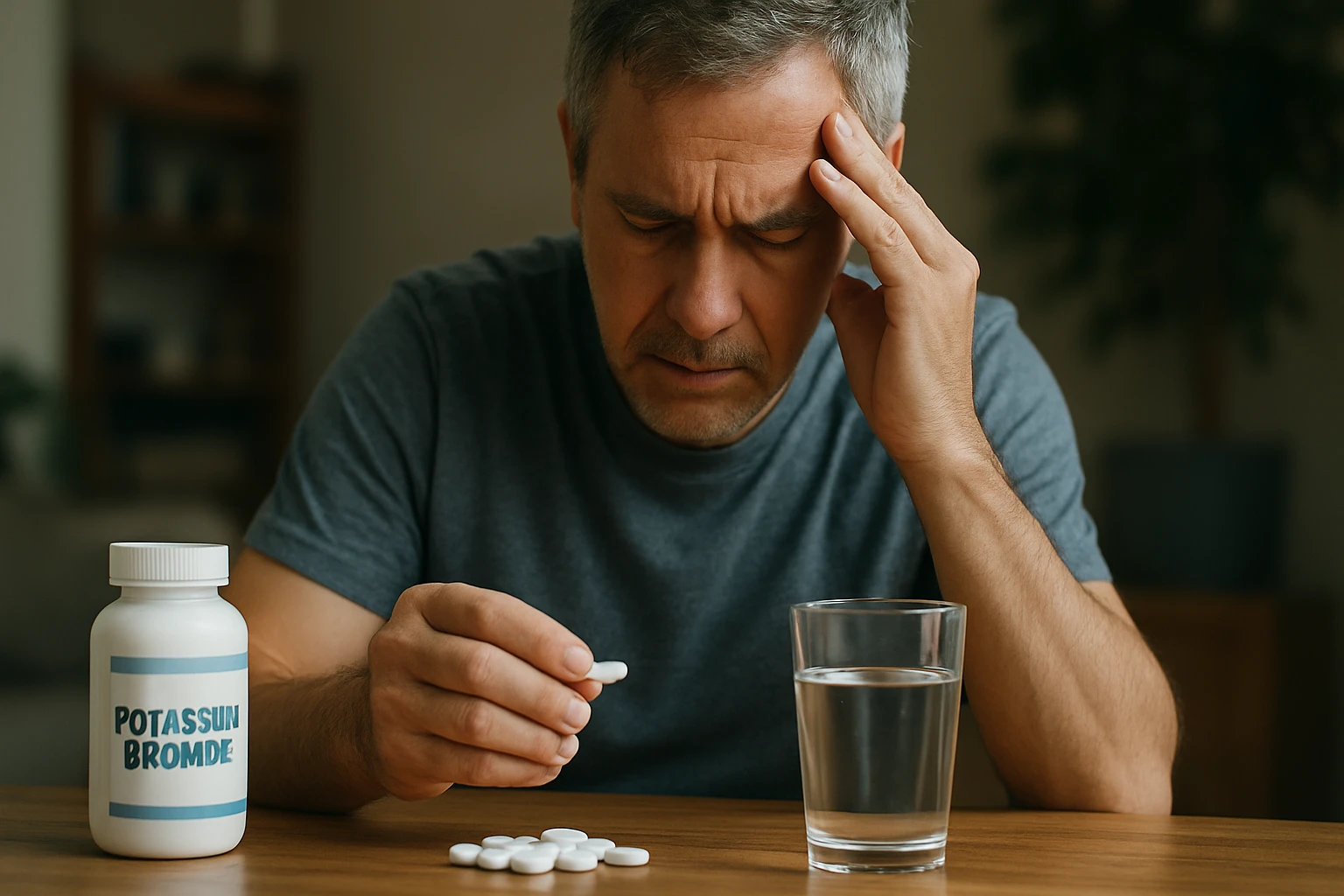 Muž so stresom, zvažujúci užitie bromidu draselnému na liečbu.