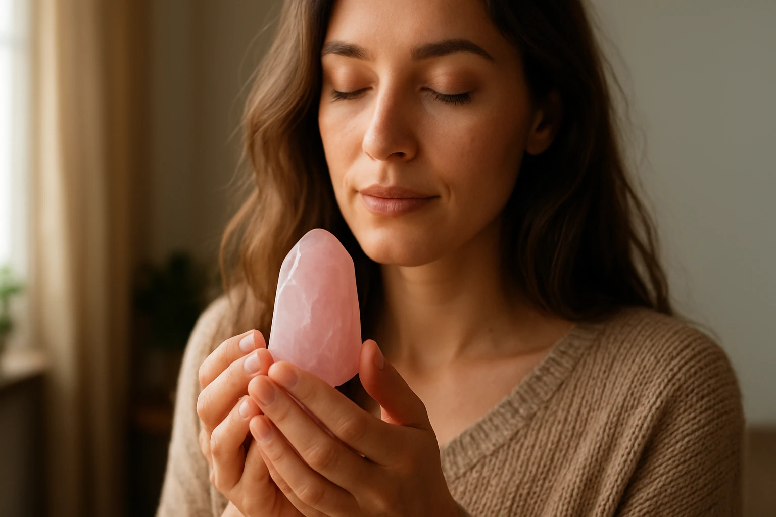 Žena s ružovým jadeitom, symbolom harmónie a uzdravenia.