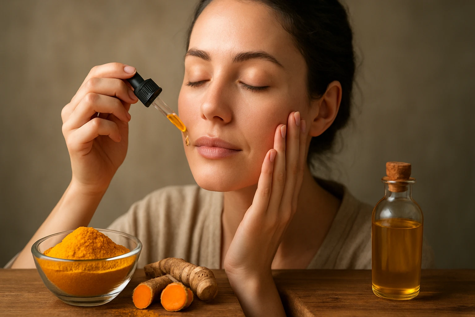 Žena aplikuje kurkumový olej na pleť pre zdravú pokožku.