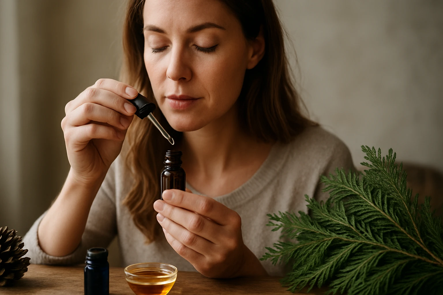 Žena s éterickým olejom z atlaského cédra v ruke, sústredená na aplikáciu.
