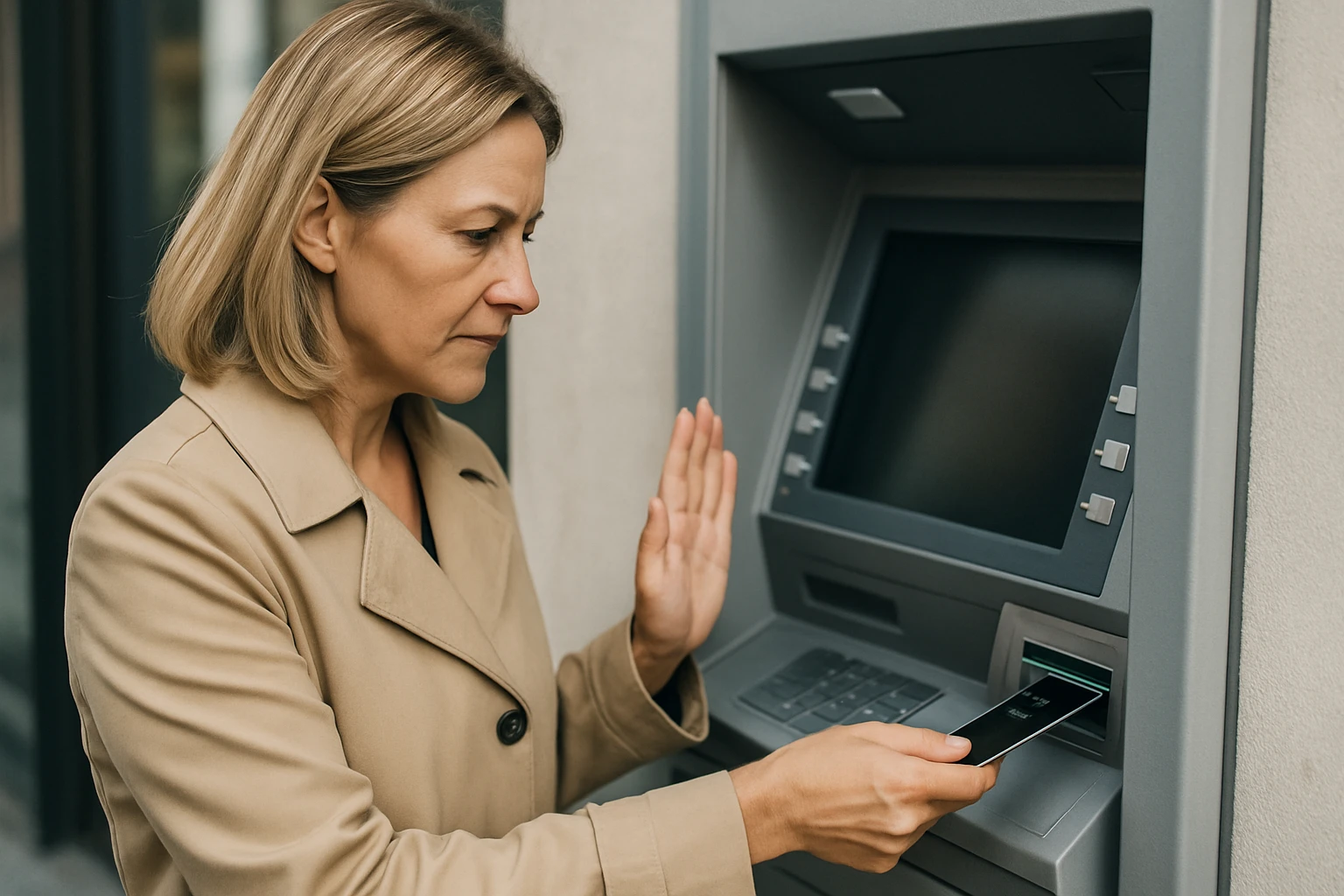 Žena bezpečne používa bankomat.