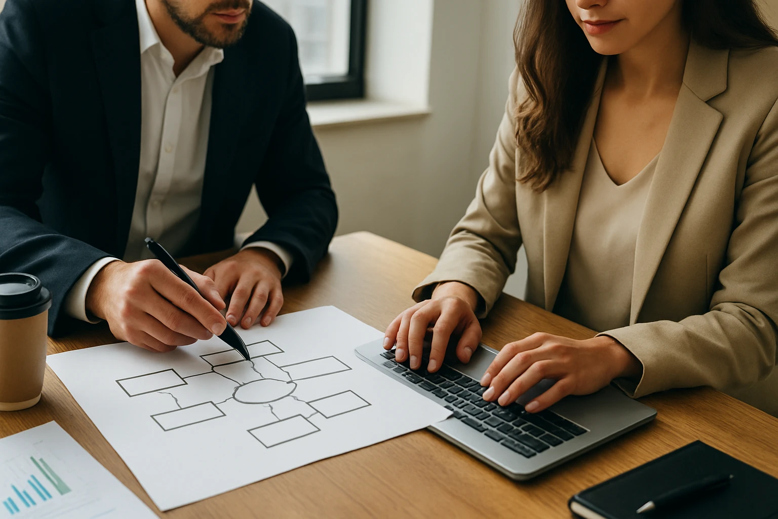 Dvojica profesionálov pracuje na biznis pláne s diagramom