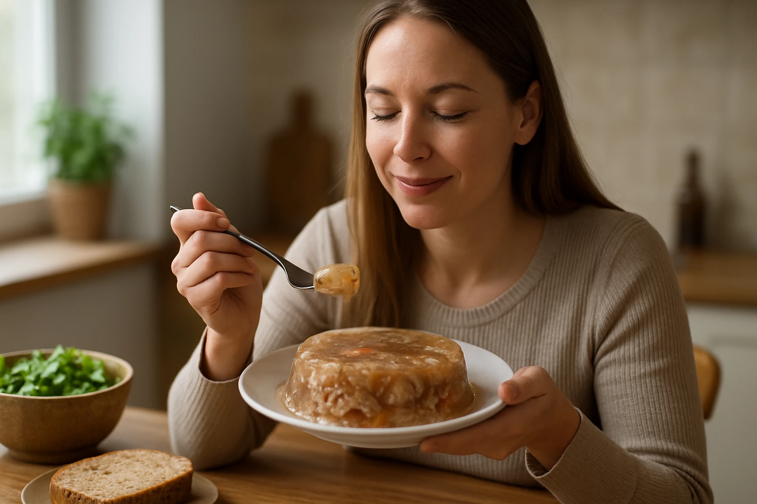 Žena vychutnávajúca si huspeninu s úžasom a spokojnosťou.