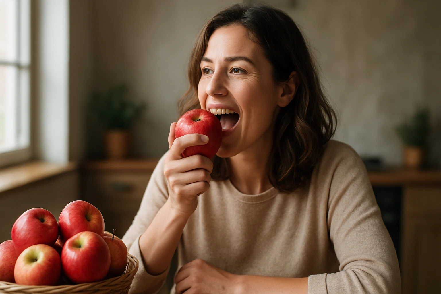 Žena si vychutnáva červené jablko v kuchyni.