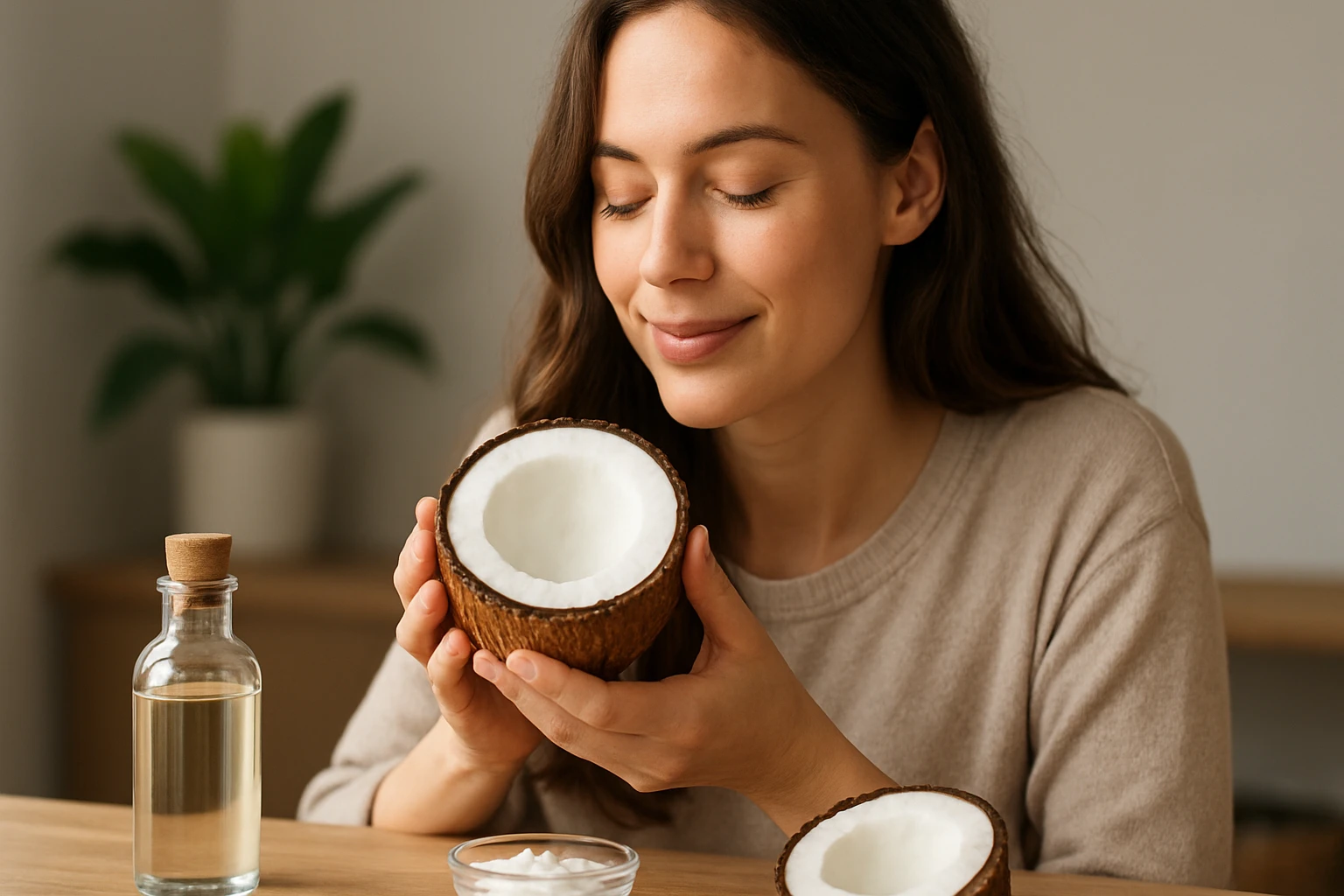 Žena objíma kokos s úsmevom, vychutnávajúc blahodárne účinky kokosu.