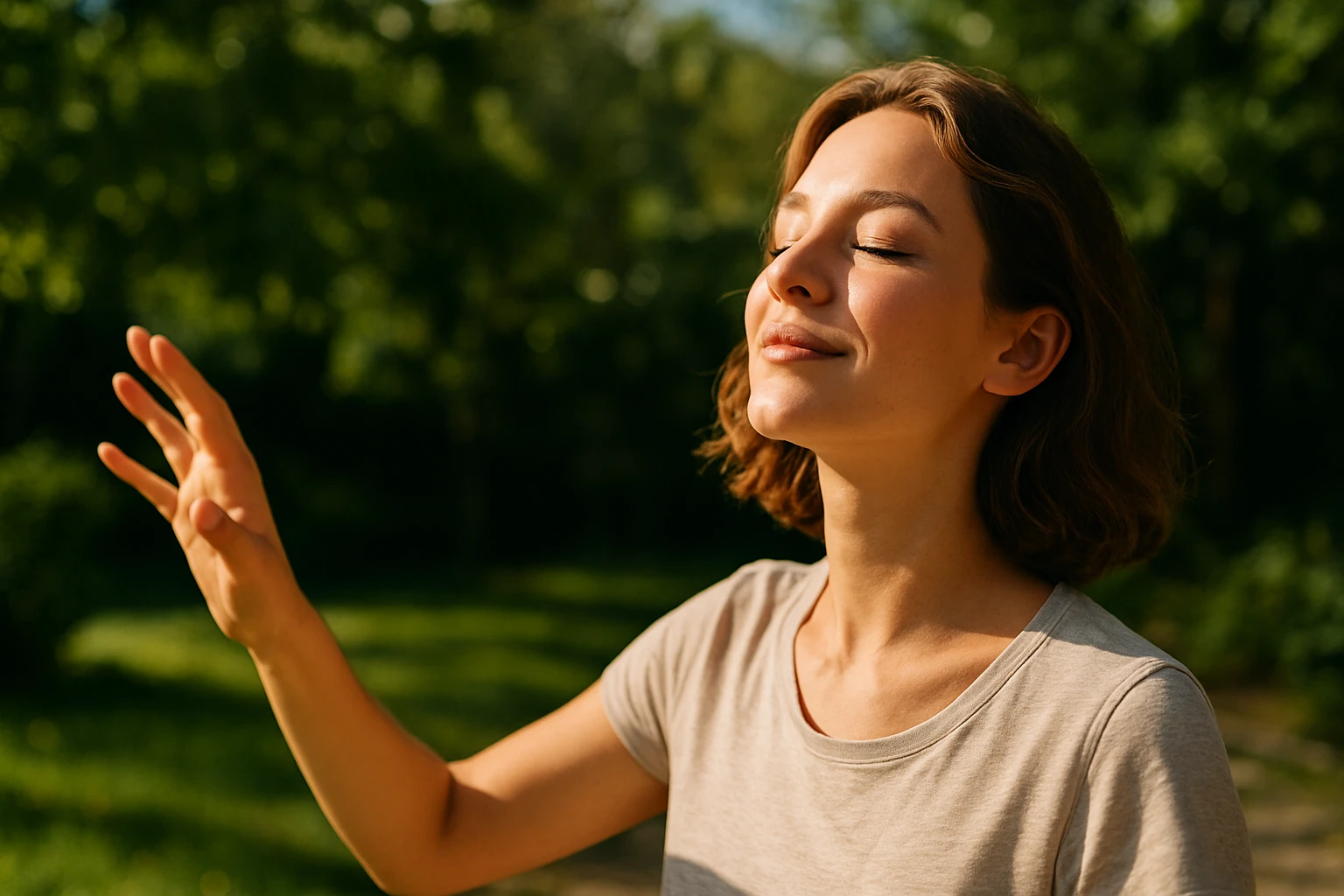 Žena užívajúca si slnečné žiarenie v prírode