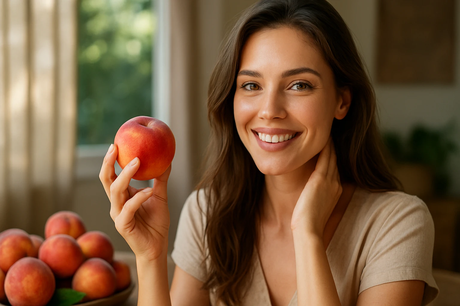 Žena s broskyňou v ruke s úsmevom na tvári