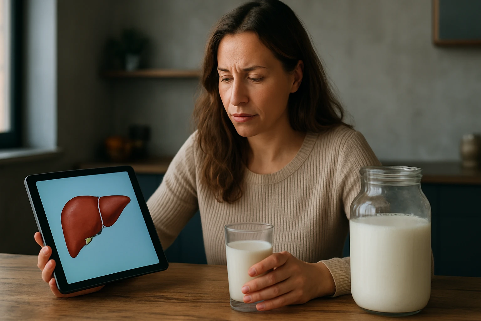 Žena skúma zdravie pečene s kefírom a tabletom