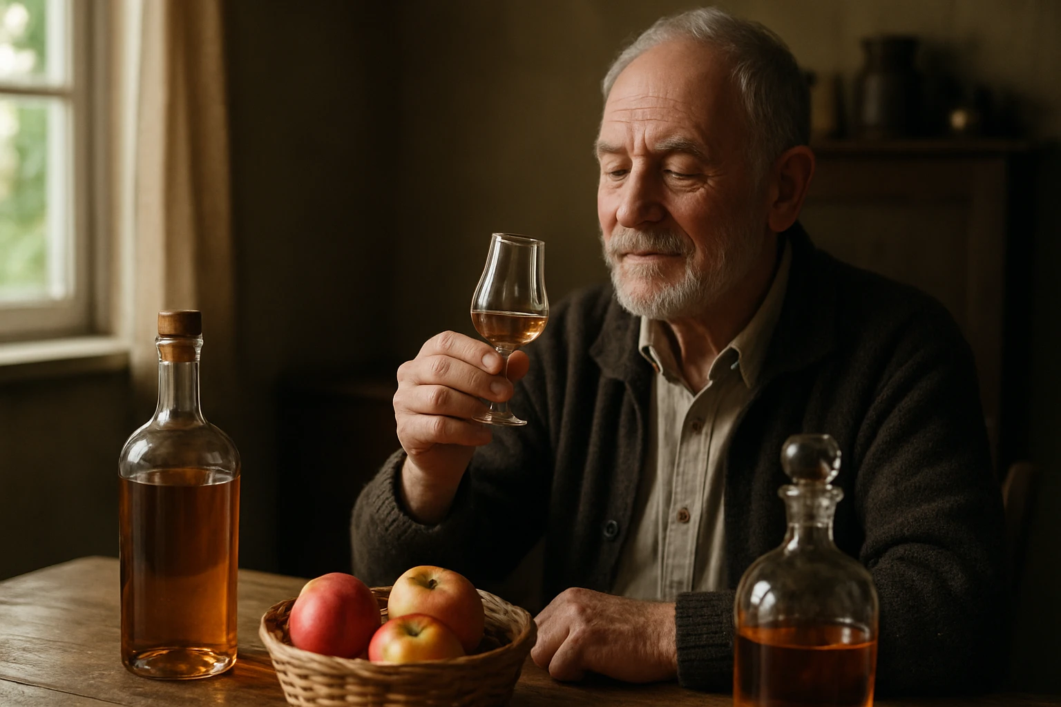 Starší muž vychutnáva pohár tradičnej pálenky s jablkami na stole.