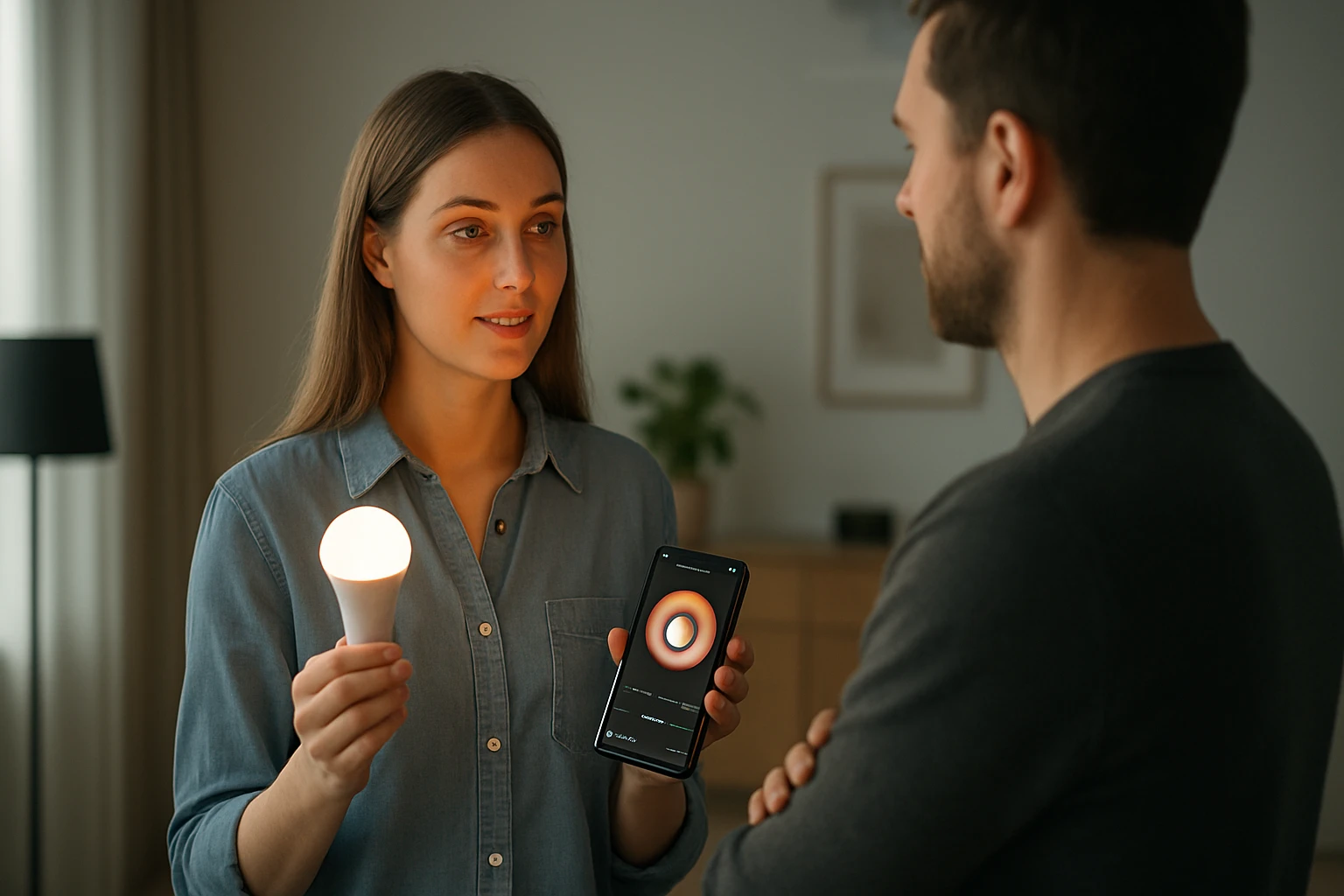 Žena ukazuje na inteligentnú žiarovku a mobilnú aplikáciu na ovládanie osvetlenia.