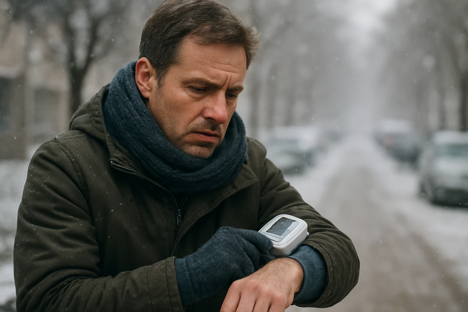 Muž meria krvný tlak v chladnom zimnom počasí.