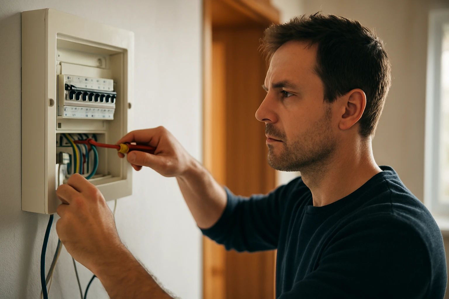 Muž inštaluje istič v elektrickej rozvodnej skrini pre ochranu domova.