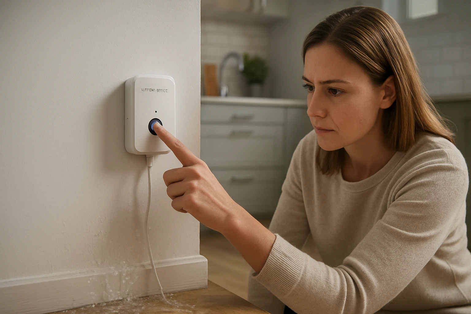 Žena ovládajúca zariadenie na prevenciu vodných škôd v domácnosti.