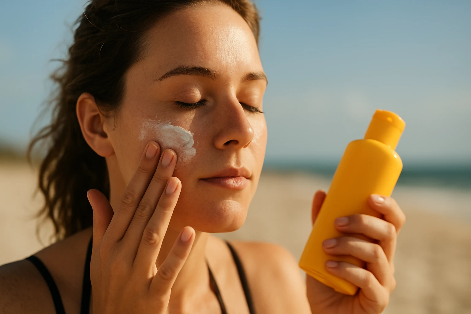 Mladá žena nanáša opaľovací krém na tvár na pláži.