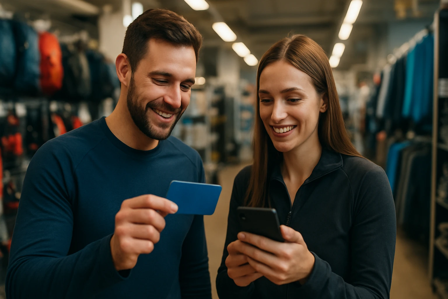 Športovci s Decathlon vernostnou kartou v predajni.