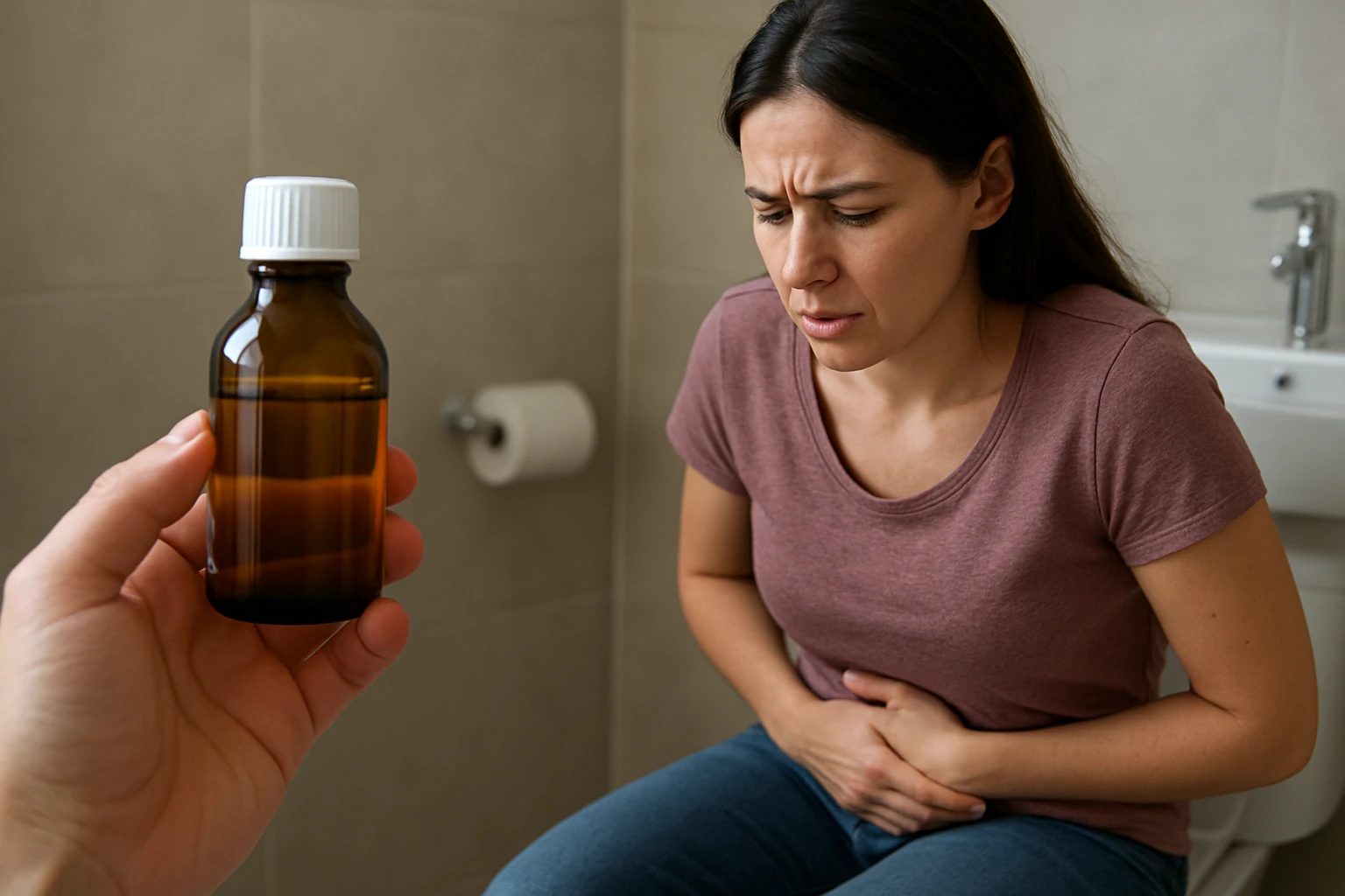 Žena sedí na toalete s bolesťami brucha a riadok o ricínovom oleji.