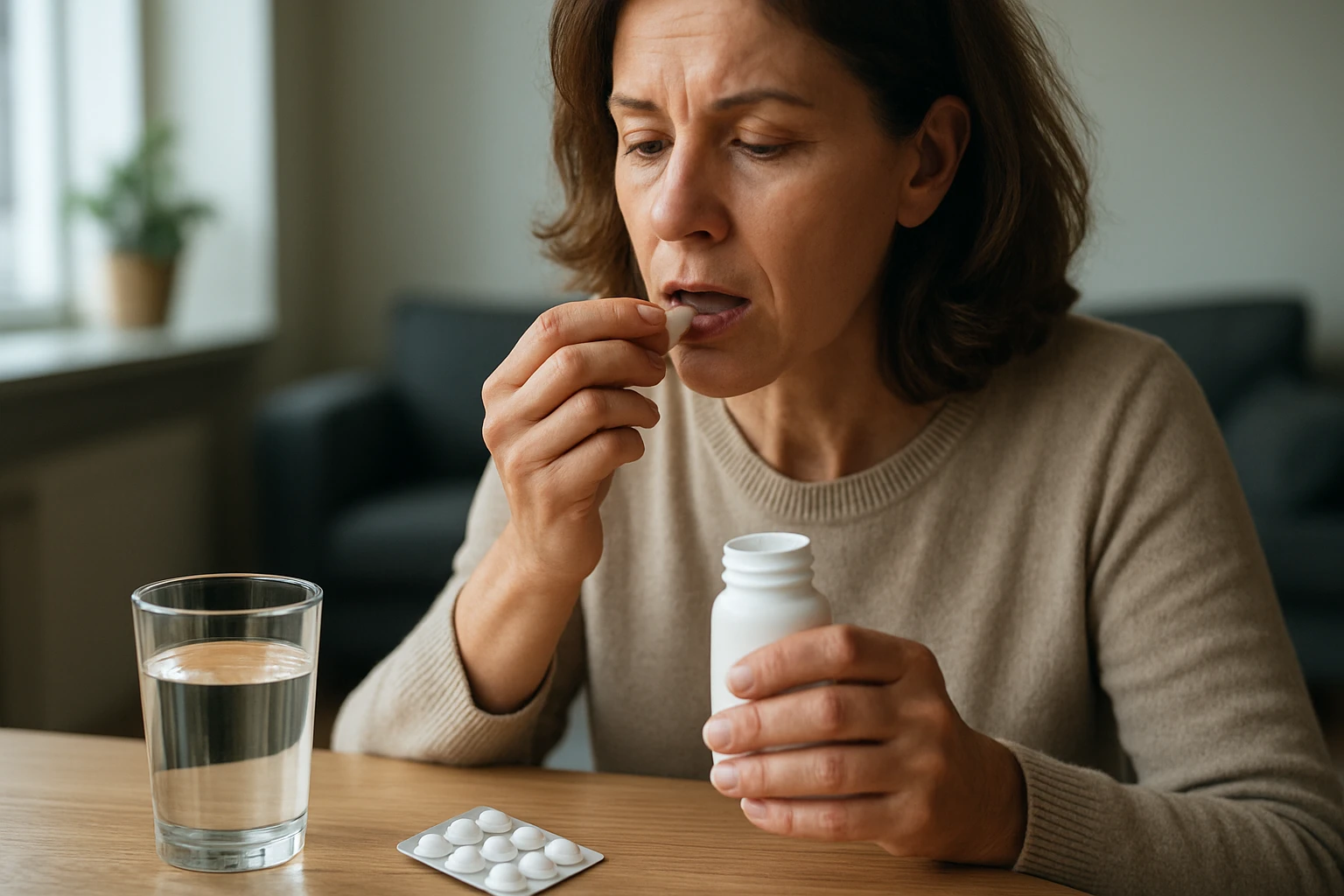 Žena užívajúca aspirín s pohárom vody pri stole.