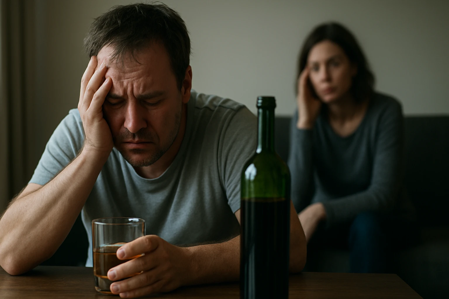 Muž trpiaci alkoholizmom s pohárom alkoholu a depresívnym výrazom.