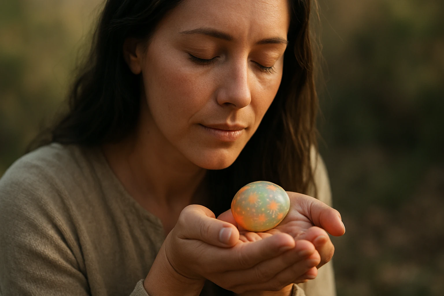 Žena meditujúca s etiópskym opálom symbolizujúcim harmóniu