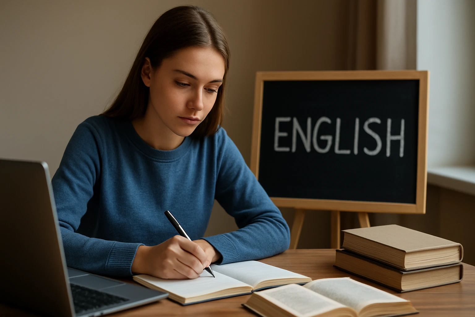 Mladá žena sa učí angličtinu pri stole s knihami a laptopom.