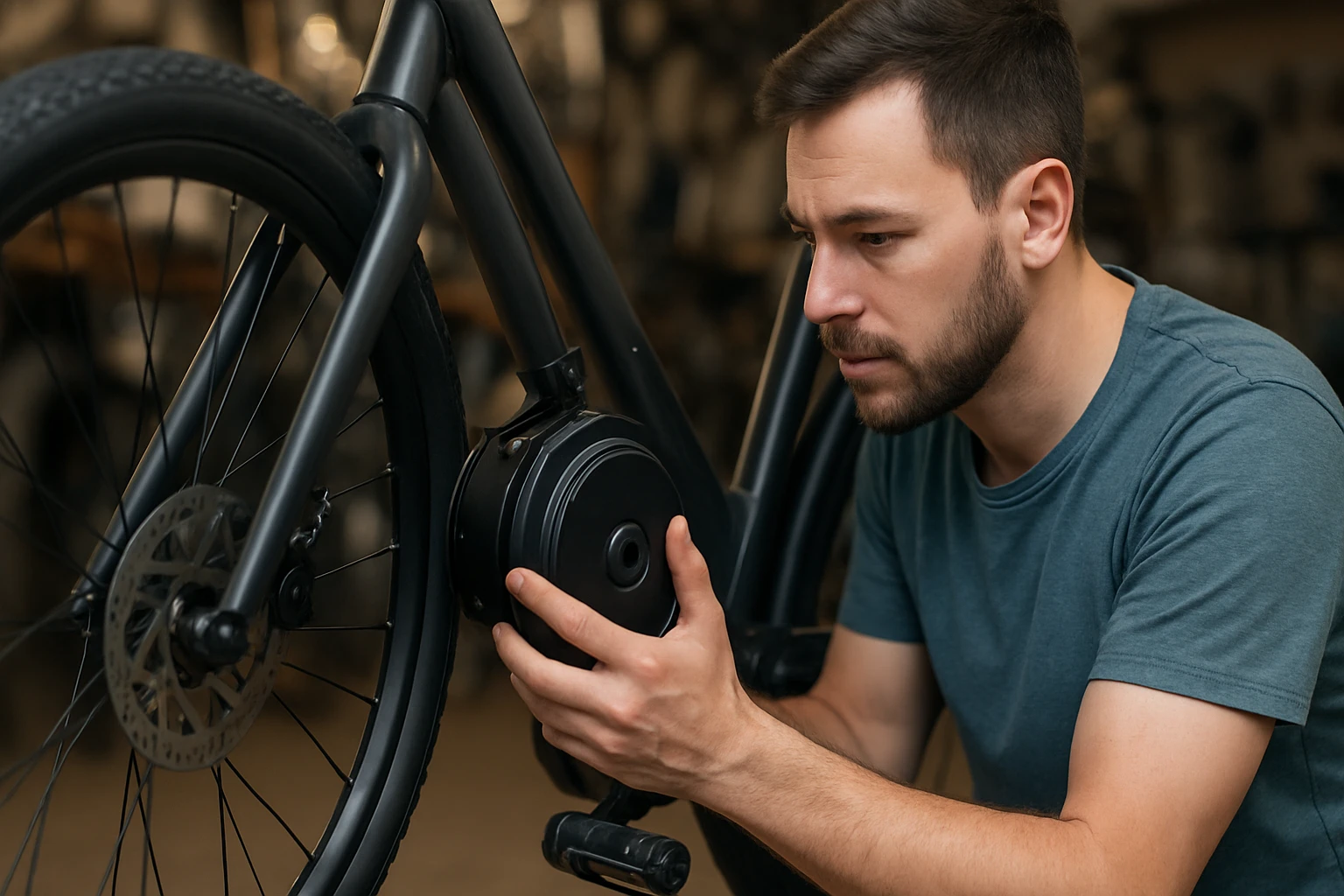 Muž opravuje elektrický bicykel a kontroluje motor.
