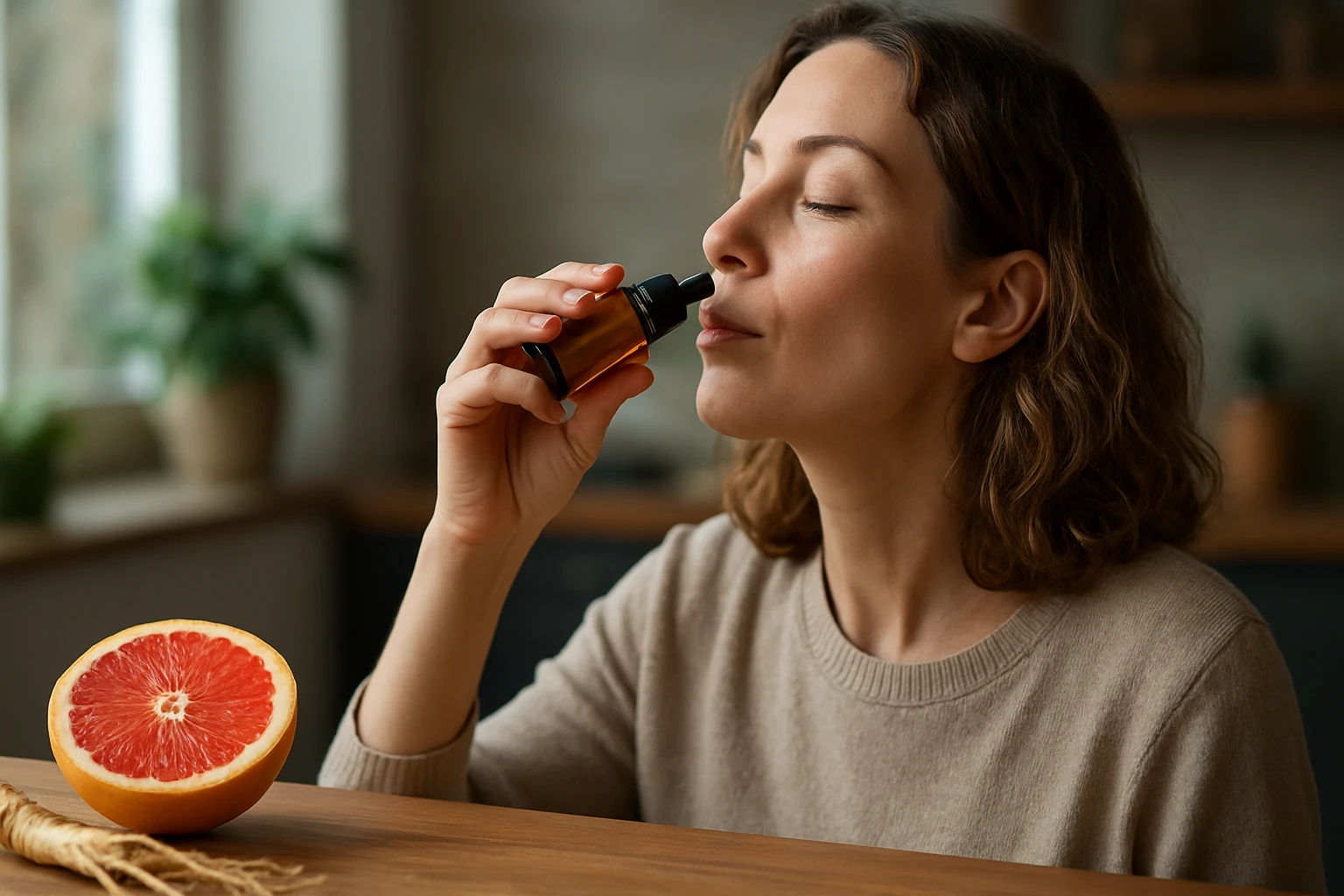 Žena používa ženšenové a grapefruitové kvapky pre energiu a vitalitu.