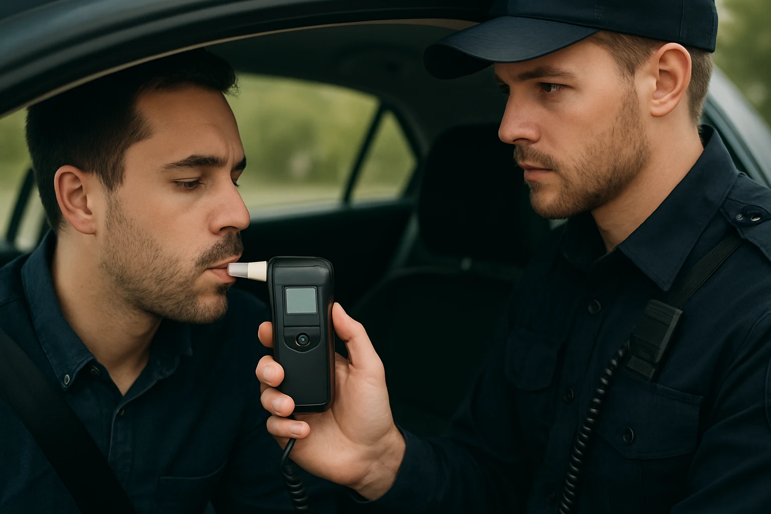 Policajt meria hladinu alkoholu pomocou testeru v aute.