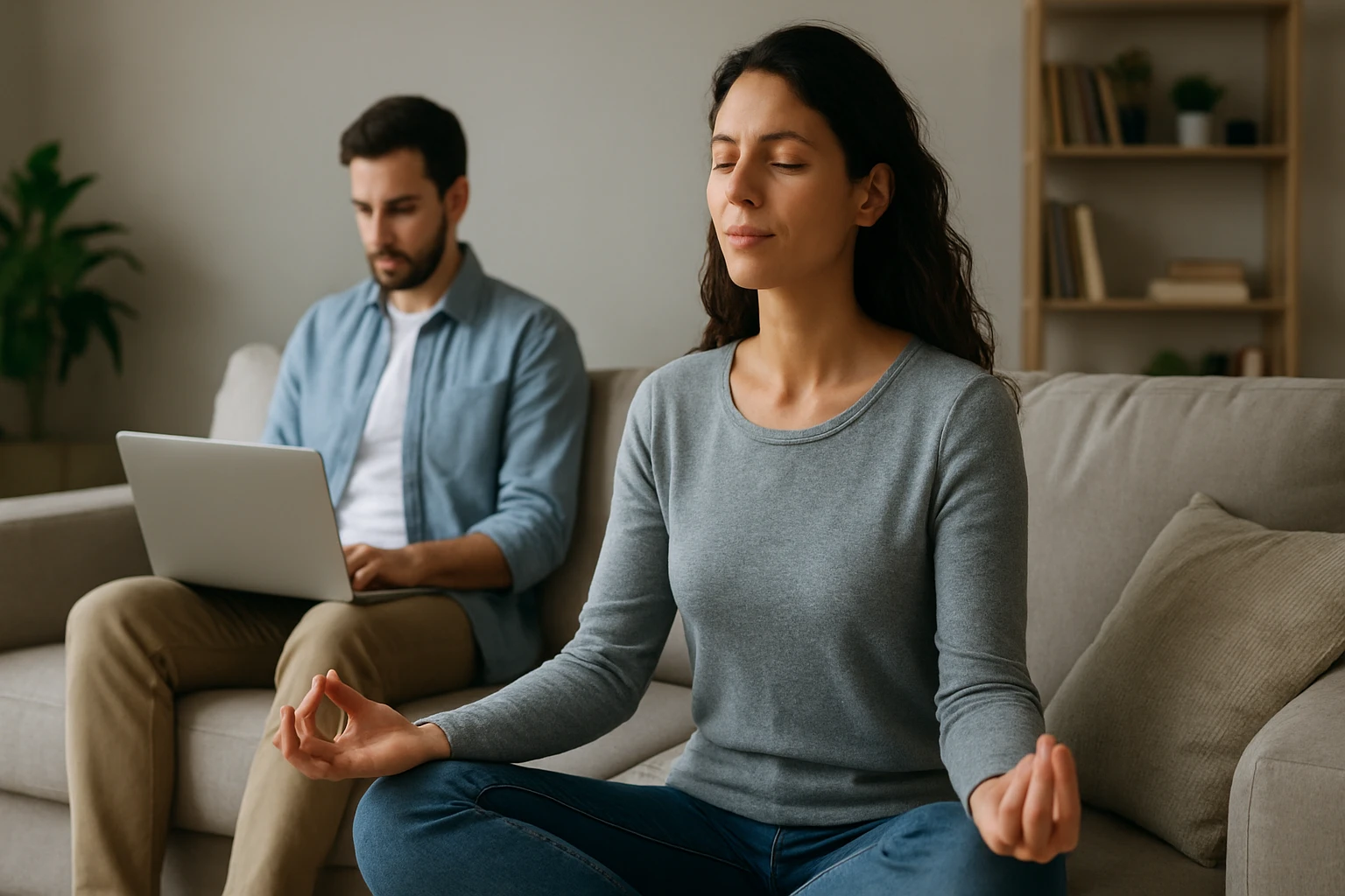 Žena meditujúca na pohovke s mužom pracujúcim na laptope
