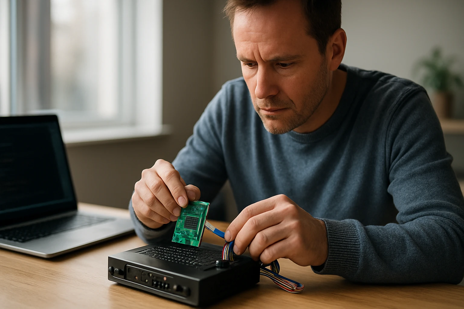 Muž pracuje na dekodéri a transformuje dáta