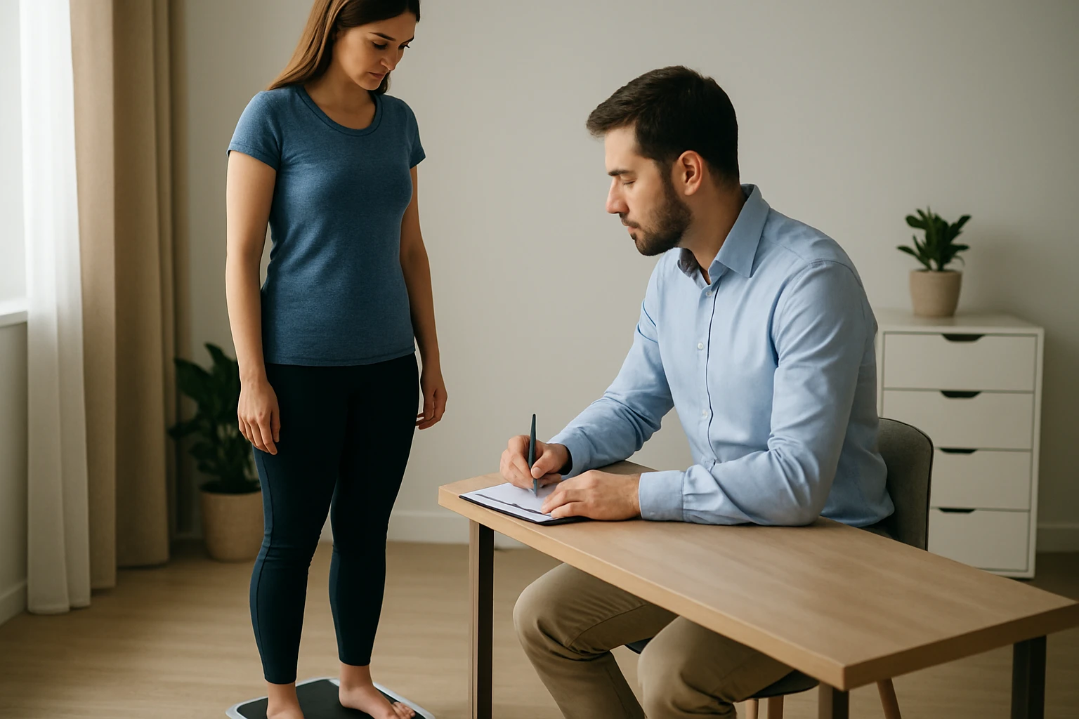Žena stojí na diagnostickej váhe, muž zaznamenáva výsledky.