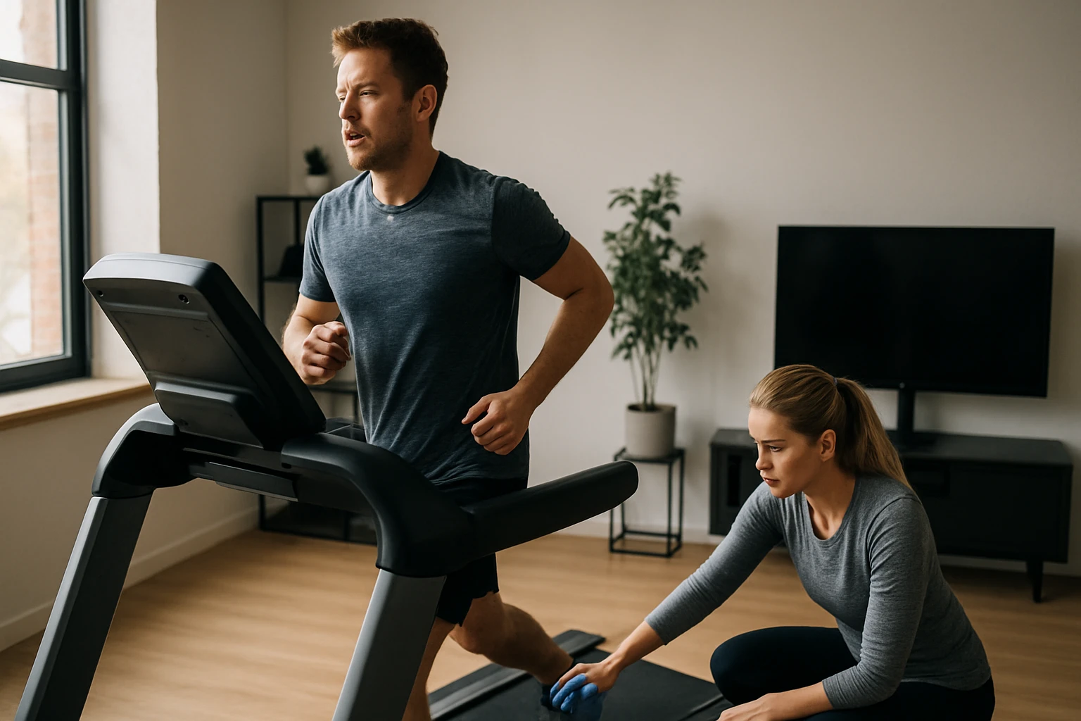 Muž behá na bežeckom páse, žena sa stará o údržbu