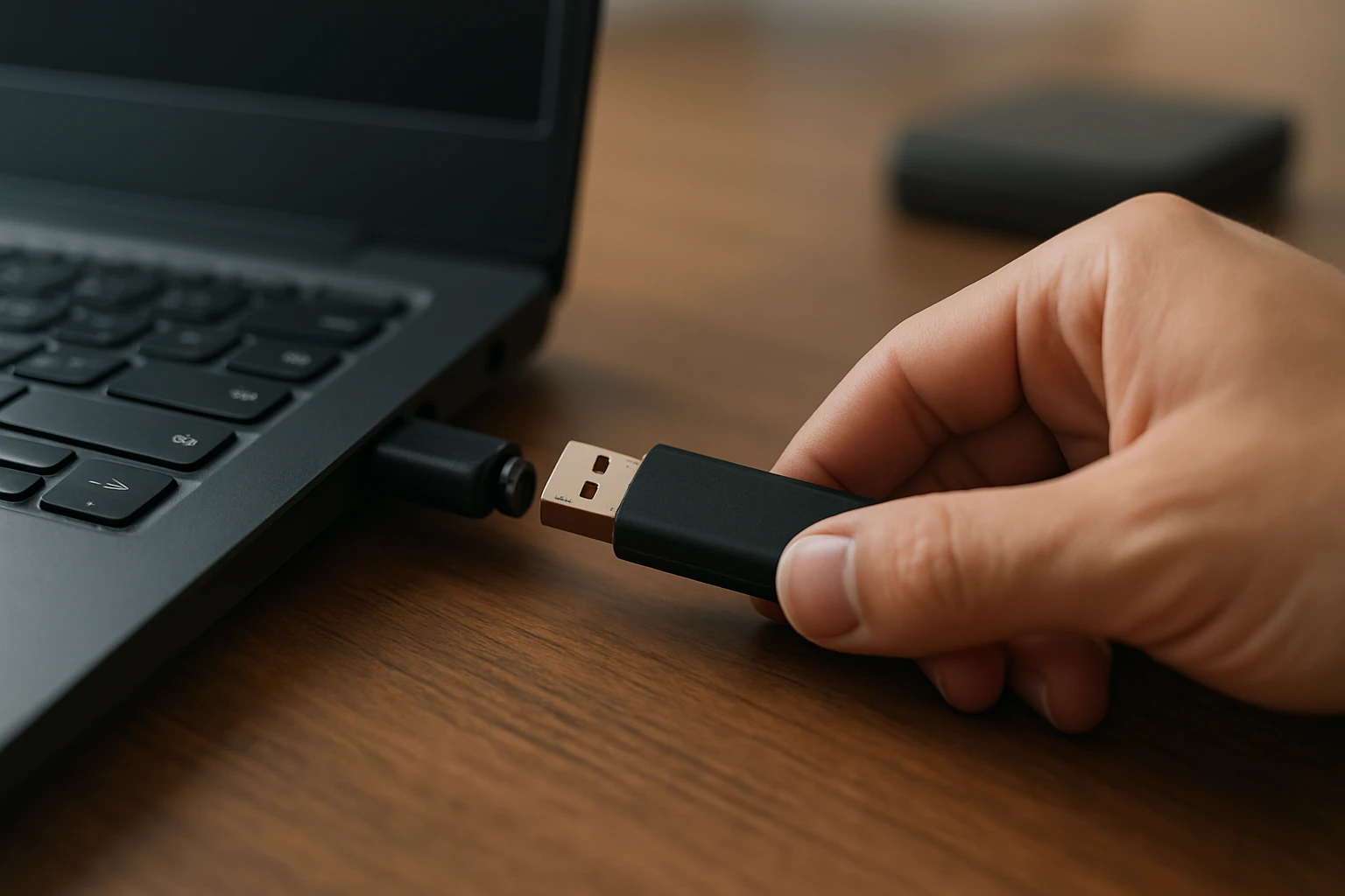 Osoba pripojuje USB k počítaču na drevenom stole
