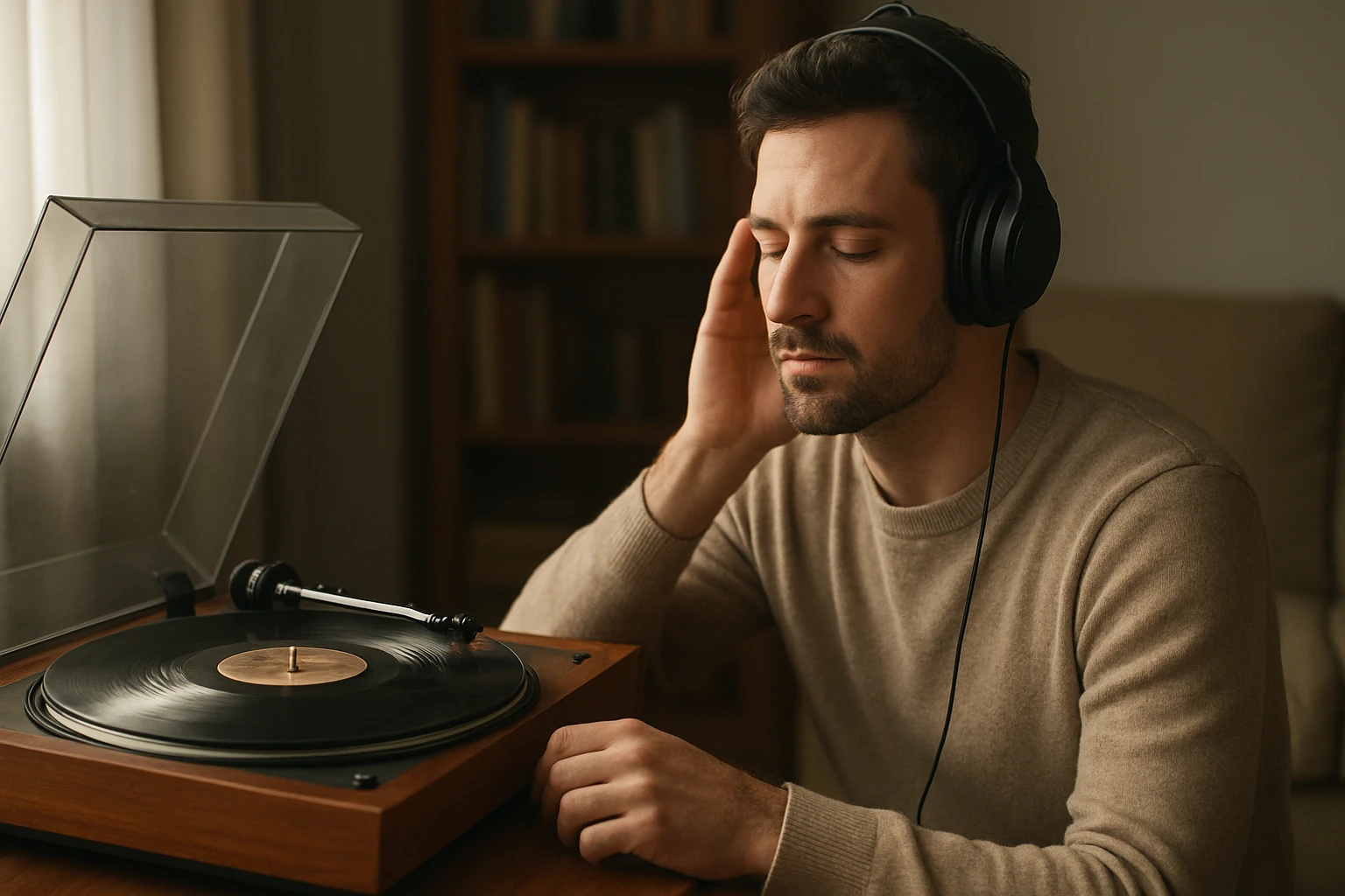 Muž počúva gramofón a vychutnáva si klasickú hudbu.