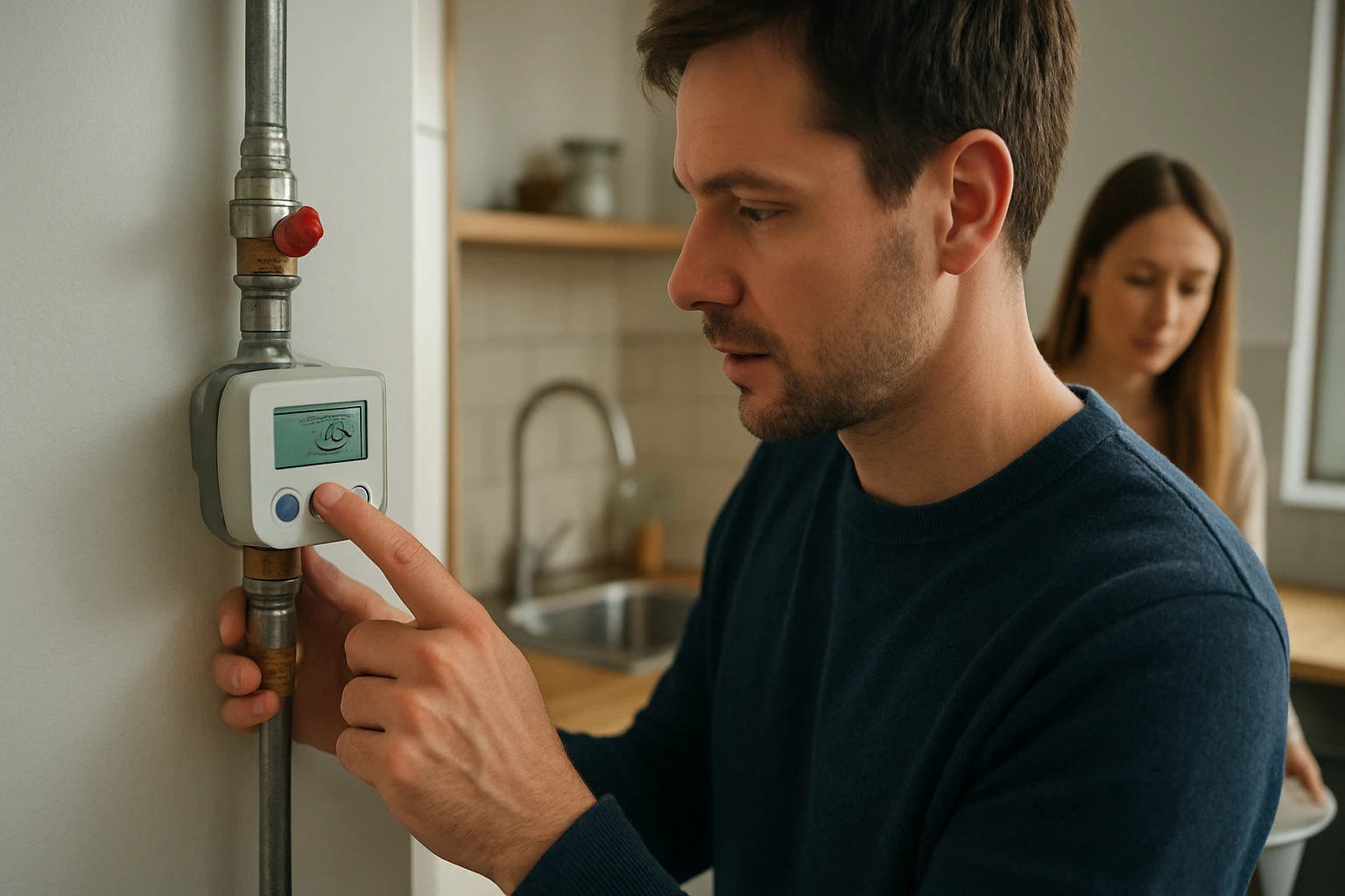 Muž nastavuje digitálny vodomer v modernej domácnosti