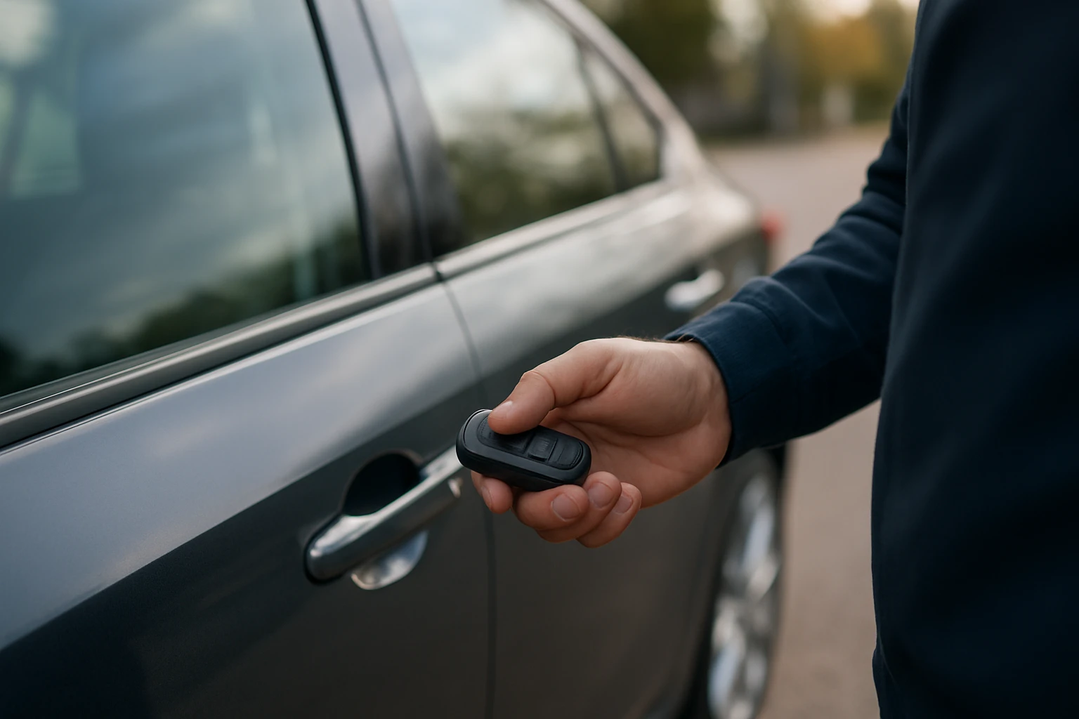 Osoba používa diaľkové ovládanie na zamykanie auta s vákuovým zamykaním.