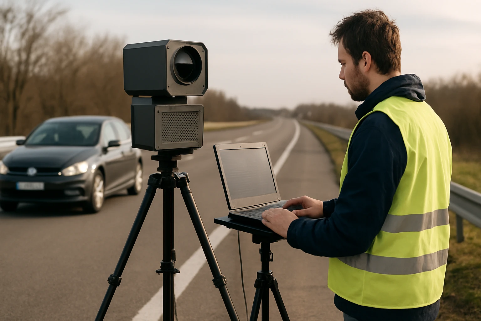 Technik ovládajúci mobilný radarový systém na sledovanie premávky.