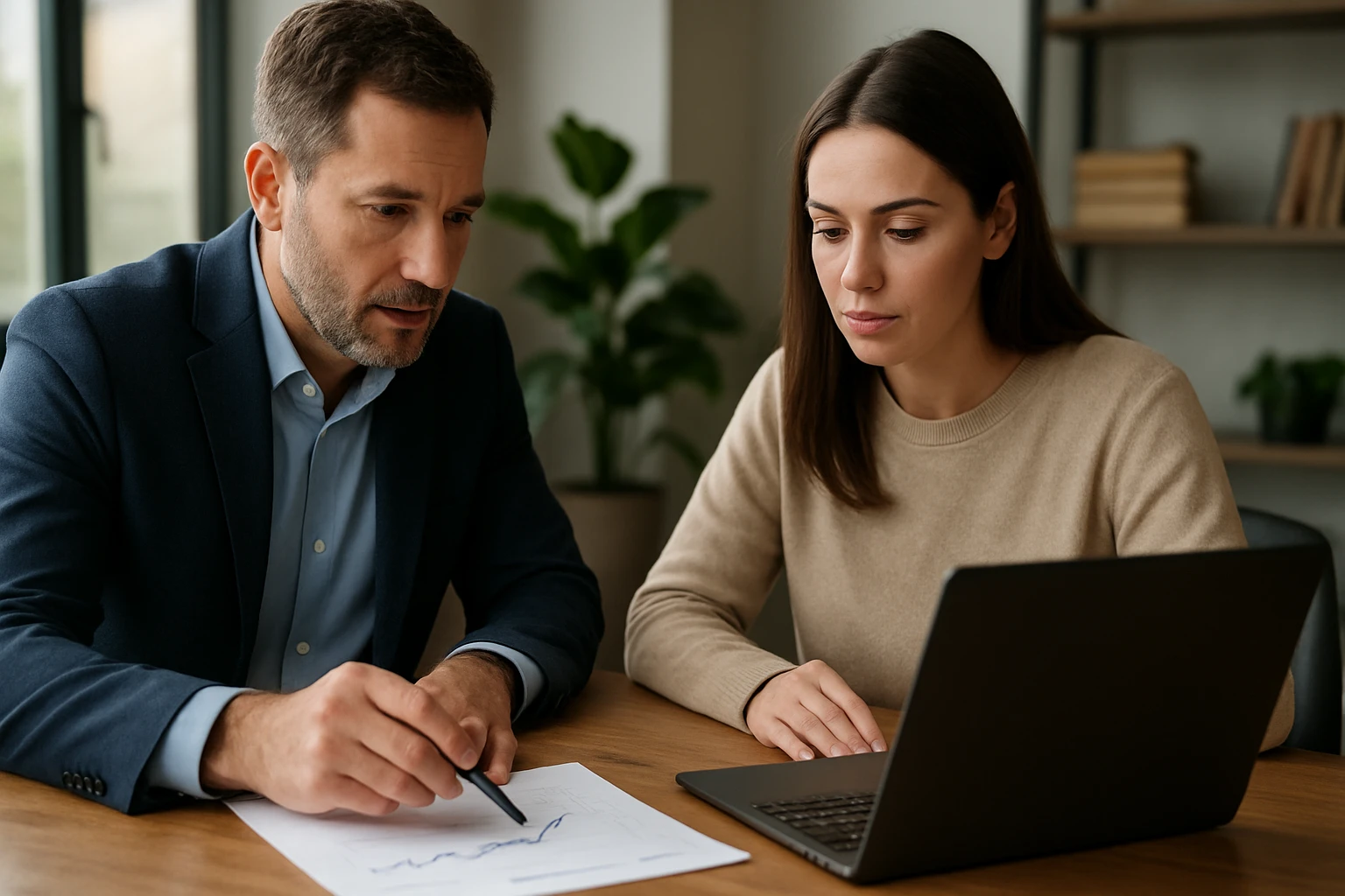 Finančný poradca diskutuje s klientom o investičných fondoch.